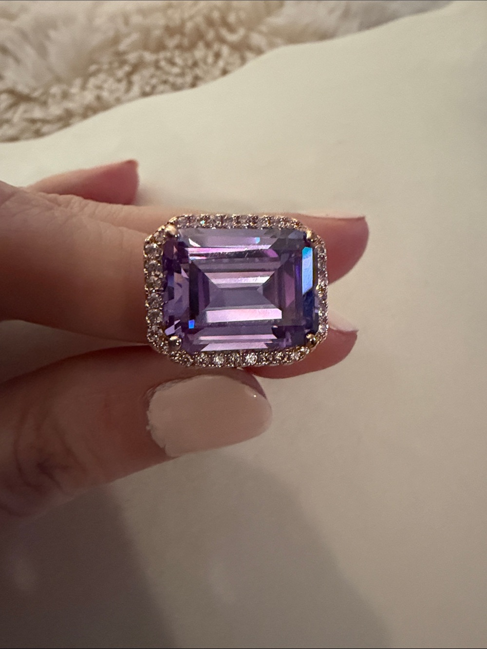 Lavender Crystal Halo Cocktail Silver Ring - Purple Statement Jewelry